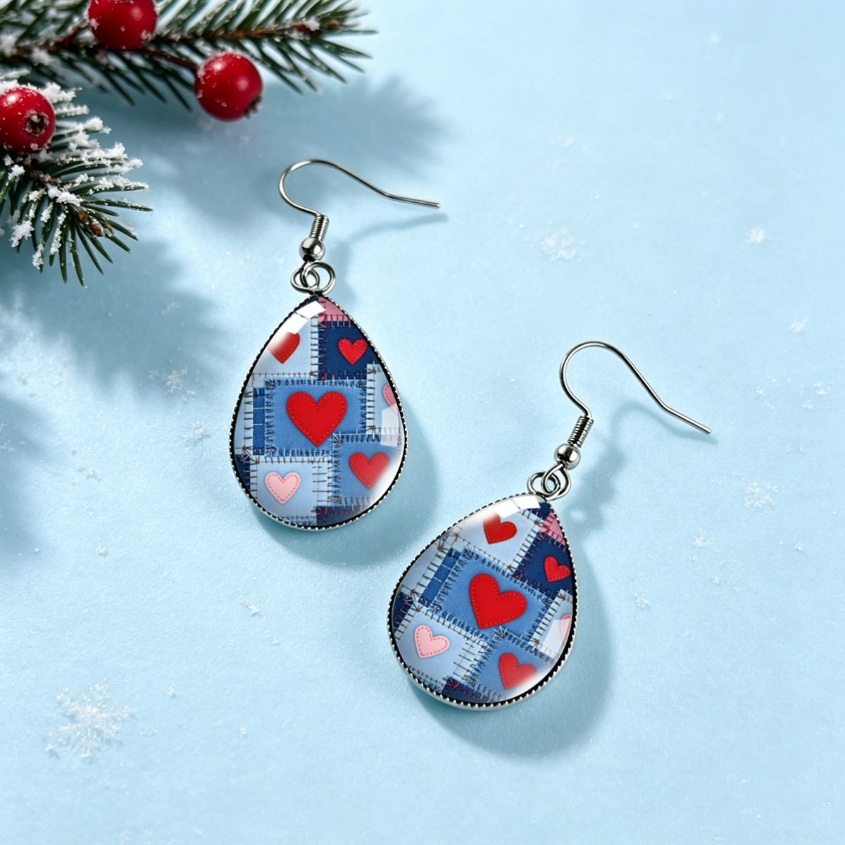 Denim Patchwork Red Heart Pattern Drop Earrings